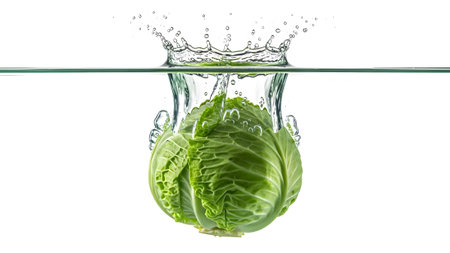 Fresh showing fresh green cabbage plunging into water creating a large splash and bubbles on...の写真素材