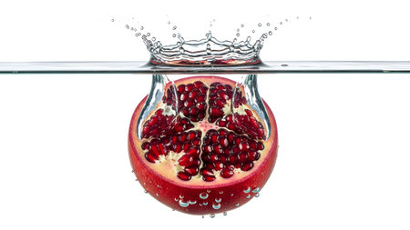 A halved red pomegranate with visible arils plunges into water, causing a lively splash and bubbles.の写真素材