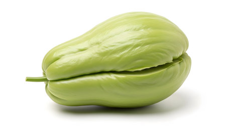 A single light green chayote squash with a distinct ribbed texture and a short stem is centered...
