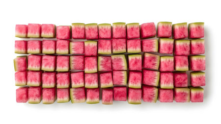 Cubes showing neatly arranged rectangular grid of diced watermelon cubes on white.