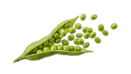 Fresh showing fresh green peas bursting from pod on white background. resolution