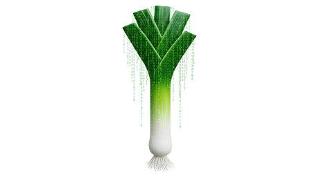 Leek showing leek vegetable with green binary code falling on white background. resolution...