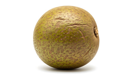 A single round, textured green and brown fruit with a small stem is centered on a white background.