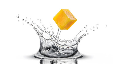 A bright orange mango cube is captured mid-air as it plunges into clear water, creating a...の写真素材