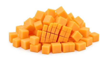 showing pile of bright orange diced on white background. resolution...の写真素材