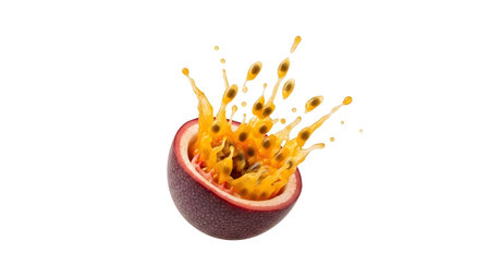 A halved passion fruit erupts with bright yellow pulp and dark seeds splashing outwards in a...