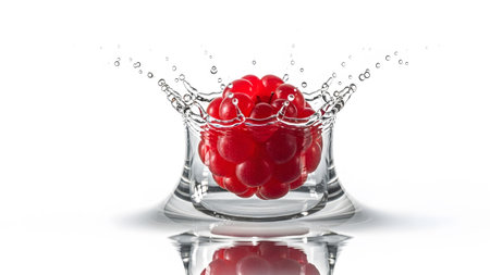 A bright red raspberry creates a dynamic crown splash as it falls into clear water within a glass.