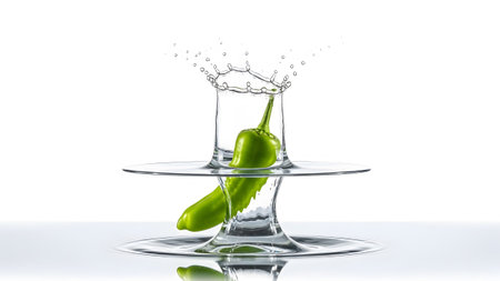 Chili showing green chili pepper in glass with water splashes and reflections on white...