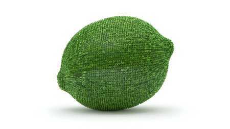 Background showing green lime fruit covered in digital binary code data on a white background....の写真素材