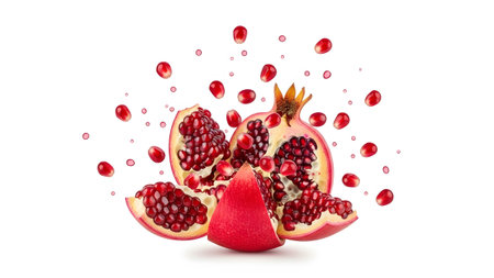 A ripe pomegranate is split open revealing bright red seeds and arils scattered around it on a...