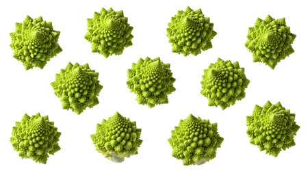 Broccoli showing grid of green romanesco broccoli florets with fractal patterns on white...の写真素材