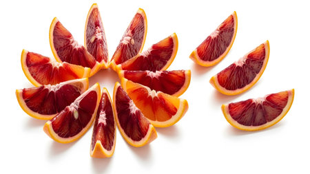 Orange slices arranged in a fan shape and scattered on a clean white surface.の写真素材