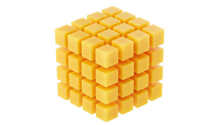 Composed showing large cube composed of many smaller yellow cubes on white background.の写真素材