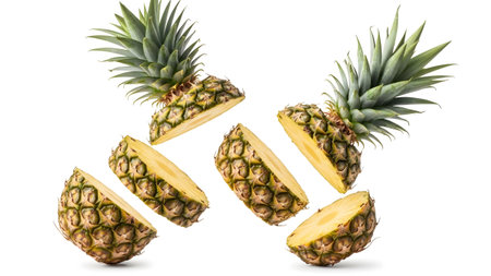 showing scattered pieces of sliced pineapple with green tops on a white background.