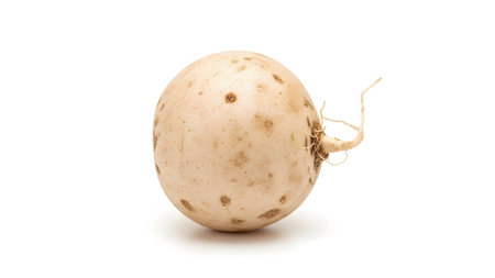 Root showing round white turnip with brown spots and a small root on white background.の写真素材