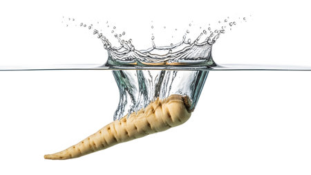 A parsnip plunges into clear water, forming a dynamic crown splash with droplets scattering upwards.の写真素材