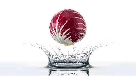 Background showing radicchio falling into water with a splash on a white background.の写真素材