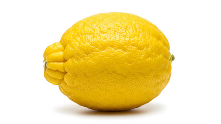 A single, large, bright yellow lemon with a distinctly bumpy and textured rind sits isolated on...