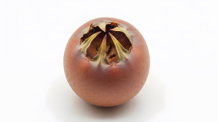 A single brown medlar fruit with its distinctive star-shaped calyx is isolated on a white...
