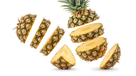 Sliced showing scattered pieces of a sliced pineapple floating against a white background.