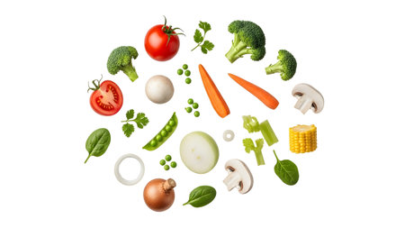 Scattered fresh raw vegetables and ingredients like tomatoes, broccoli, and carrots form a...