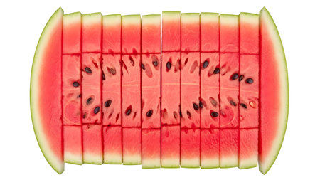 showing sliced watermelon with green rind cut into rectangular pieces. resolution...