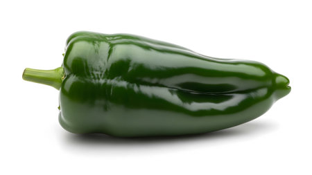 A single dark green poblano pepper with a glossy surface rests on a clean white background.