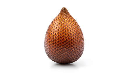 A single salak fruit with a textured brown scaly exterior and a pointed tip is centered on a...