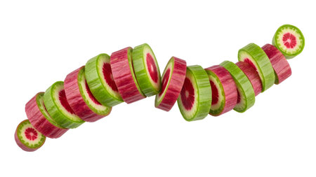 Sliced red and green fruit pieces form a wavy diagonal line against a white background.の写真素材