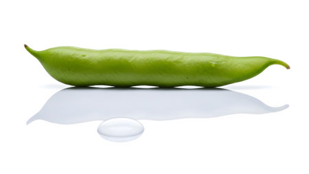 Bean showing single green bean pod with a water droplet on a reflective white surface.