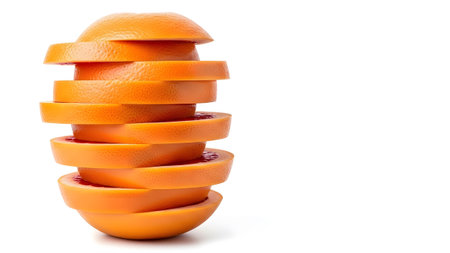 Juicy showing stacked slices of fresh grapefruit with vibrant orange peel and juicy pink...