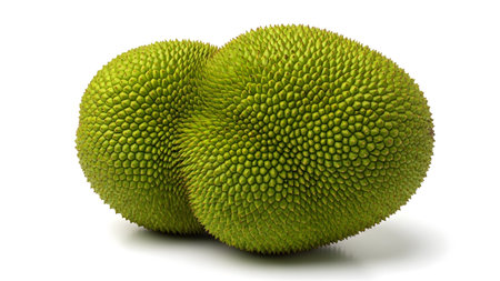 showing two green spiky jackfruits together on a white background isolated.