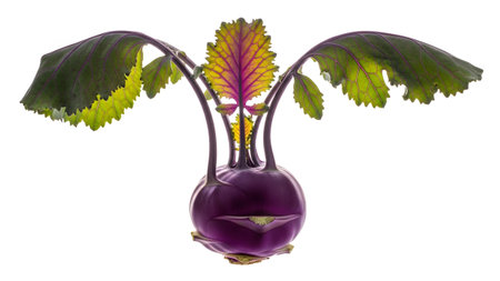 A vibrant purple kohlrabi bulb with large, veined green and yellow leaves fanning outwards,...の写真素材