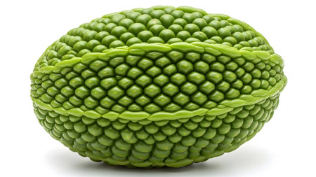 Segmented showing unusual textured green fruit with a segmented pattern and a lighter green band...