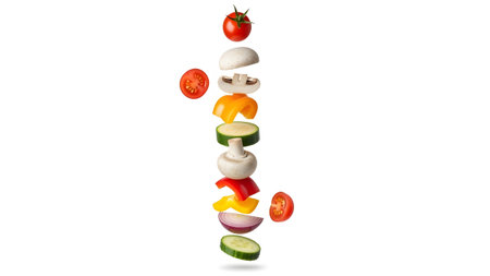 Sliced fresh vegetables like tomatoes, mushrooms, and peppers are suspended in mid-air against a...の写真素材