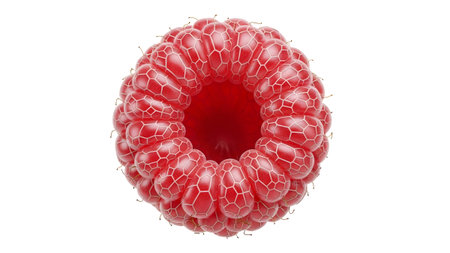 A top-down view of a red raspberry showcases its intricate geometric segments and a delicate...