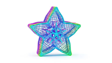 (2831) showing wireframe starburst geometric shape with rainbow gradient colors on white...