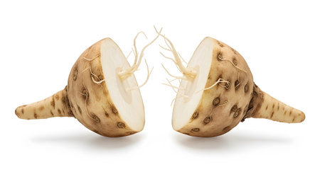 Two halves of a jicama root vegetable with delicate white roots extending from the cut surface.