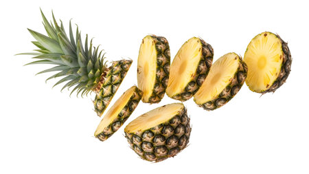 A ripe pineapple is artfully sliced and suspended in mid-air, showcasing its yellow flesh and...