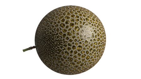 A textured sphere with visible green seeds and a brown stem attached, isolated on white.