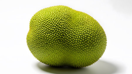 A large, bumpy green jackfruit with a distinct spiky texture is presented isolated on a plain...