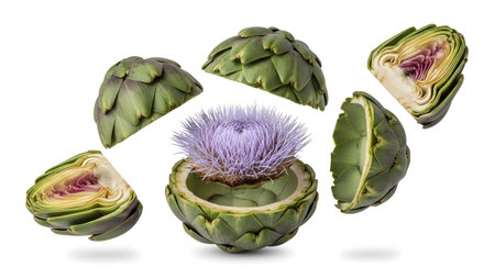 Purple showing exploded artichoke with purple flower and green leaves on white background.の写真素材