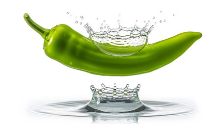Chili showing green chili pepper splashing into water with two water crowns on white background....の写真素材