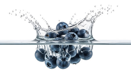 Blueberries create a dynamic crown splash as they fall into clear water, captured mid-air on white.の写真素材