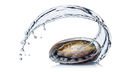 A single abalone shell is enveloped by a dynamic, arcing splash of clear water against a white...