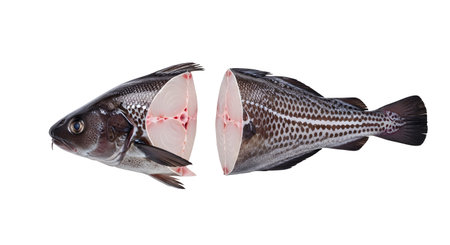 Half showing a codfish cut in half, showing its raw flesh and bones, isolated on a white...