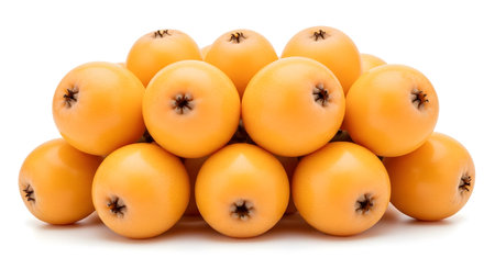 Background showing a large pile of ripe orange loquats forming a dense mound on a white surface.の写真素材