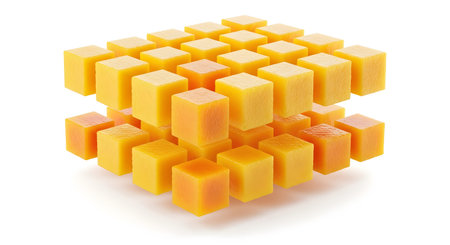 A 3D rendering of diced mango cubes arranged in a geometric pattern, creating a structured...