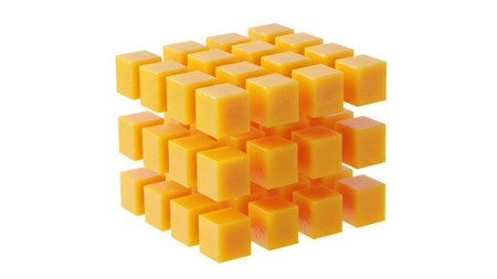 Thirty-six bright yellow cubic blocks are arranged in a symmetrical 3D grid formation on a white...