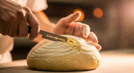 Blade showing baker scoring a round loaf of bread with a razor blade tool before baking in a...